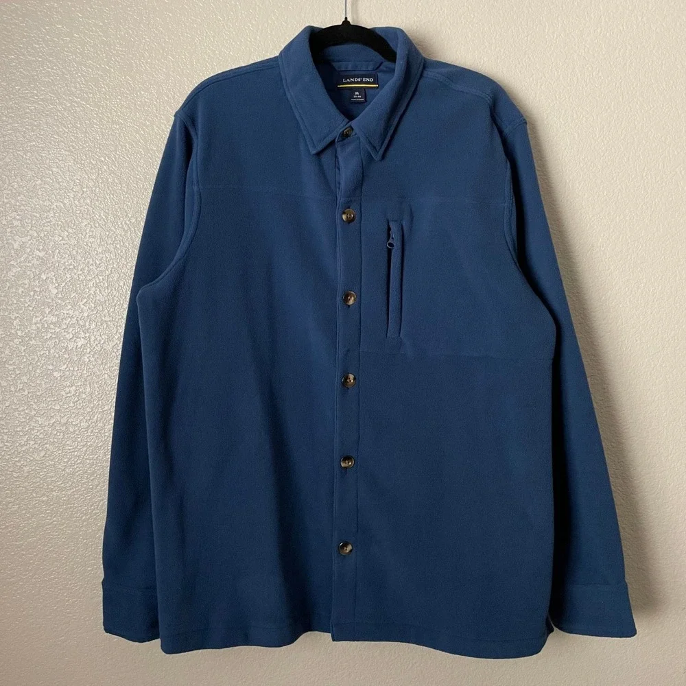 Lands End Shirt Jacket Mens Medium Blue Fleece Button Up Long Sleeve Shacket‎